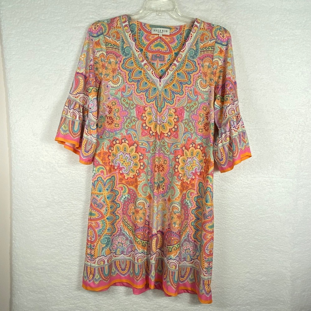 Hale Bob Los Angeles Paisley V-Neck Bell Sleeve Shift Dress Pink Orange Large